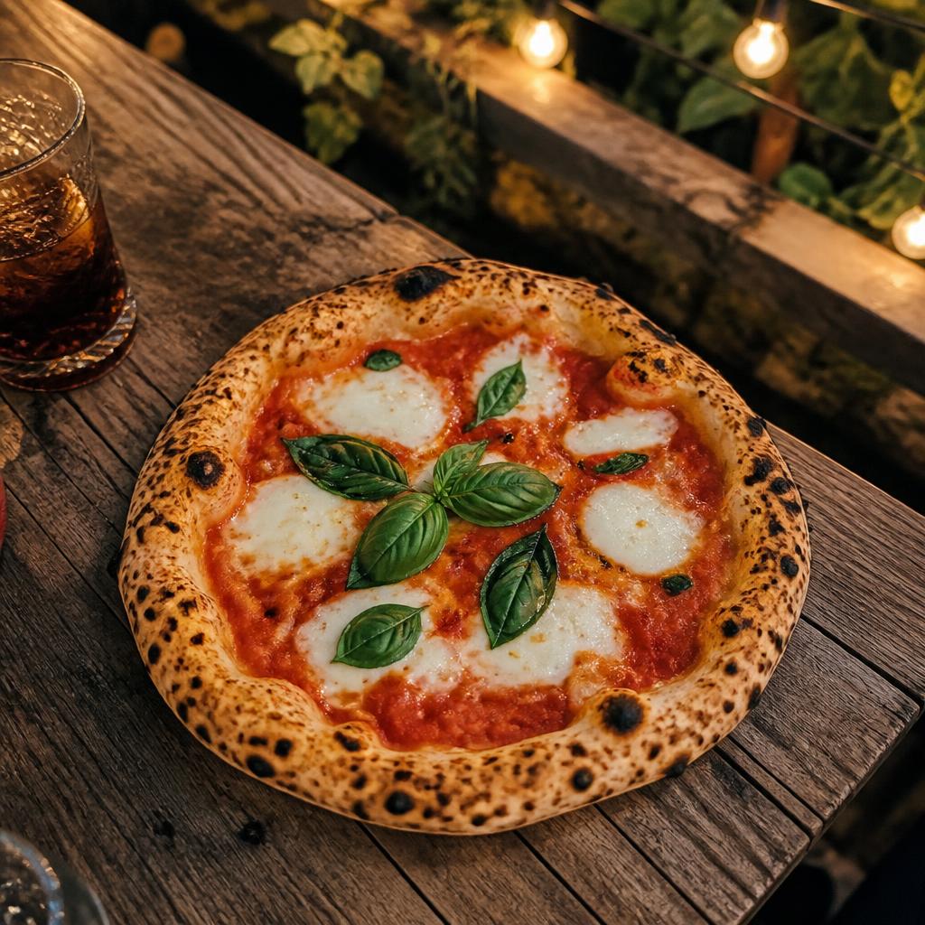Small Neapolitan-style margherita pizza with fresh basil on a wood table at Il Giardino