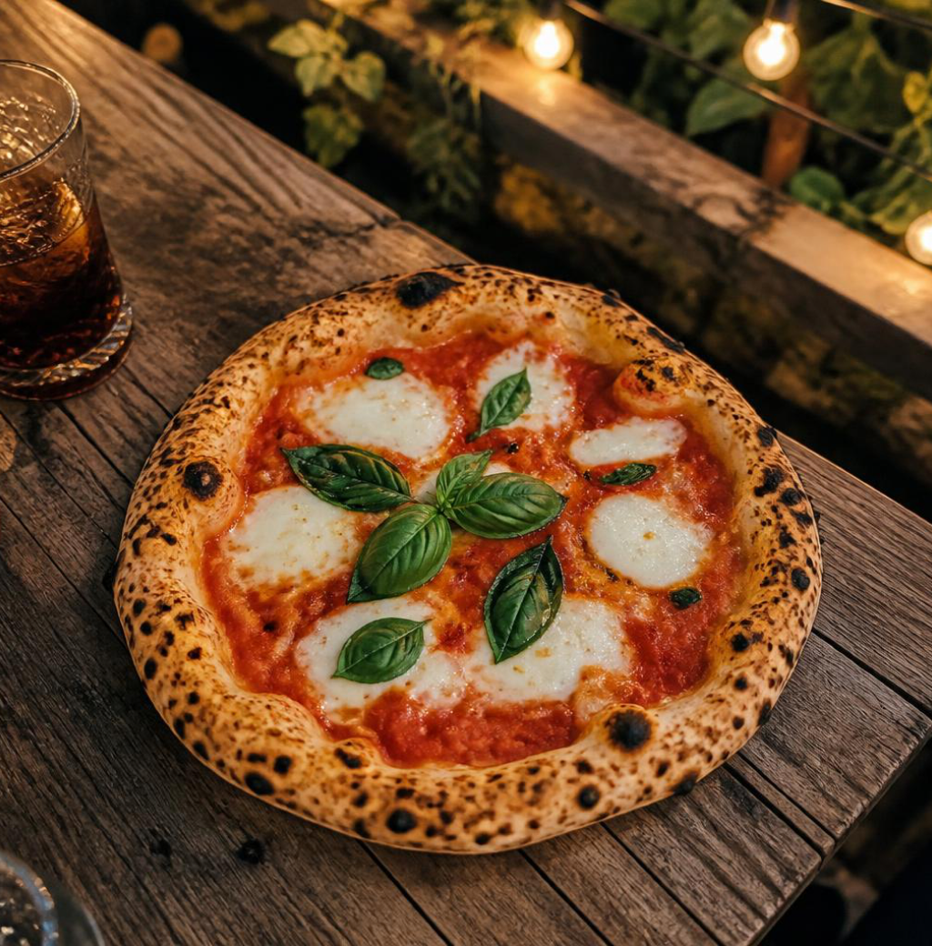 Pizza artesanal recién horneada en mesa de madera